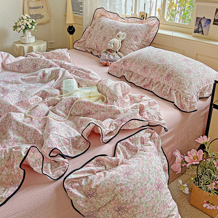 91家纺网 家纺一手货源 找家纺 仟网汇 2025新款云感赫本风皱皱纱夏被四件套 赫本-莫奈