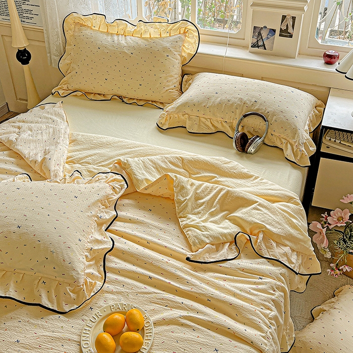 91家纺网 家纺一手货源 找家纺 仟网汇 2025新款云感赫本风皱皱纱夏被四件套 赫本-芝士奶盖