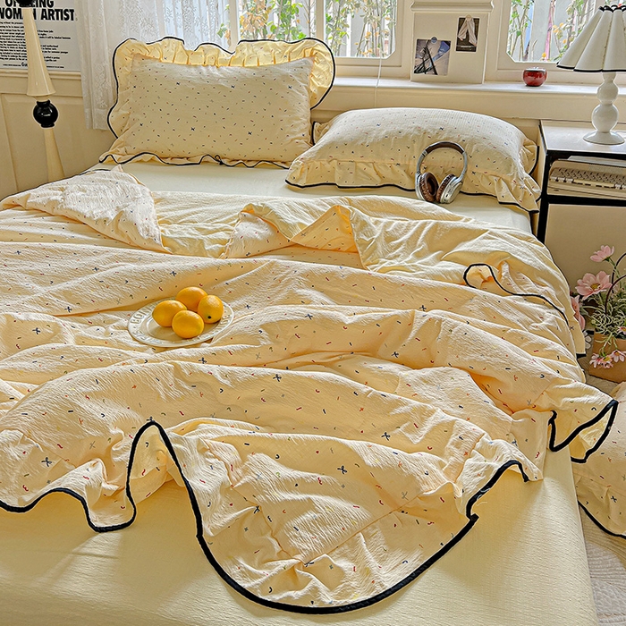 91家纺网 家纺一手货源 找家纺 仟网汇 2025新款云感赫本风皱皱纱夏被四件套 赫本-芝士奶盖