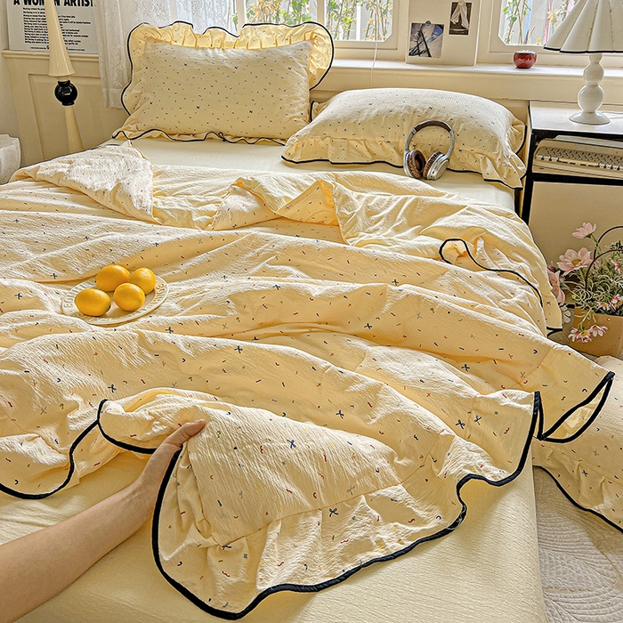 91家纺网 家纺一手货源 找家纺 仟网汇 2025新款云感赫本风皱皱纱夏被四件套 赫本-芝士奶盖