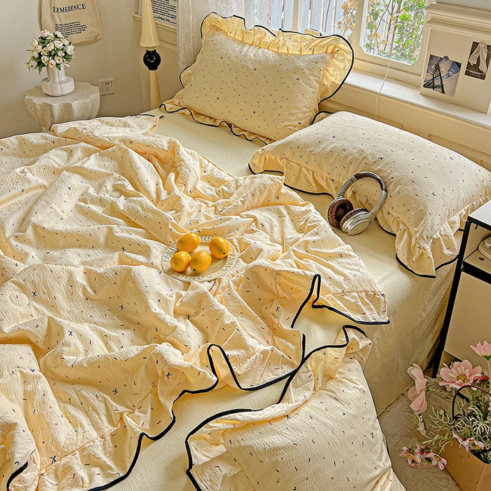 91家纺网 家纺一手货源 找家纺 仟网汇 2025新款云感赫本风皱皱纱夏被四件套 赫本-芝士奶盖