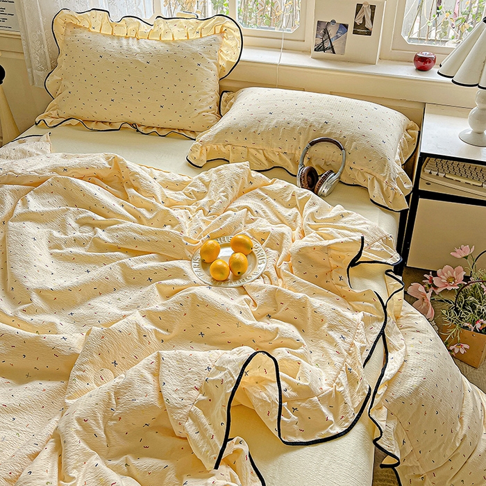 91家纺网 家纺一手货源 找家纺 仟网汇 2025新款云感赫本风皱皱纱夏被四件套 赫本-芝士奶盖