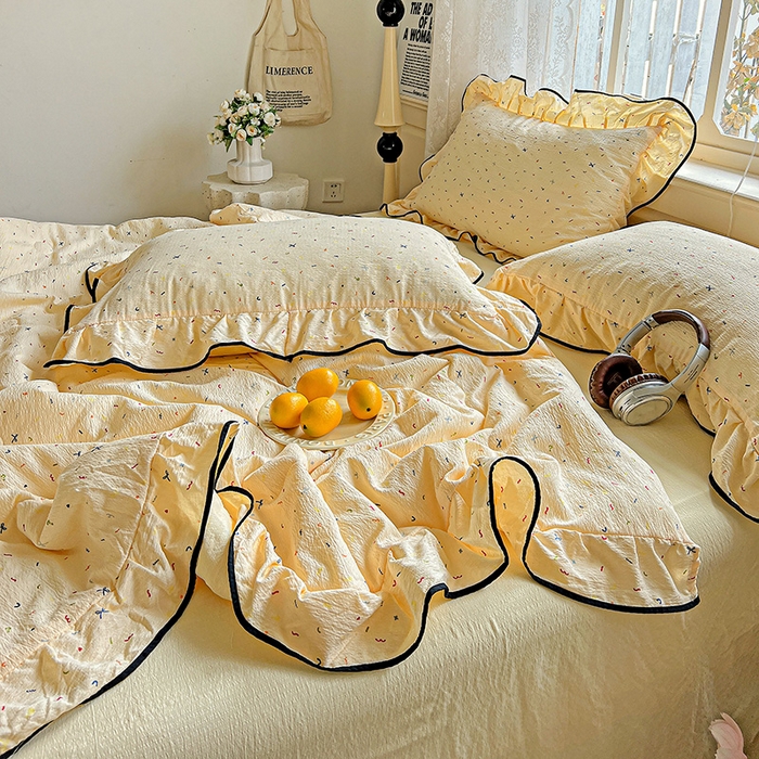 91家纺网 家纺一手货源 找家纺 仟网汇 2025新款云感赫本风皱皱纱夏被四件套 赫本-芝士奶盖