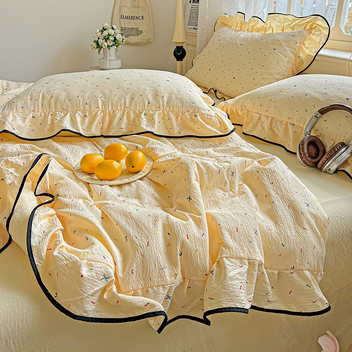 91家纺网 家纺一手货源 找家纺 仟网汇 2025新款云感赫本风皱皱纱夏被四件套 赫本-芝士奶盖