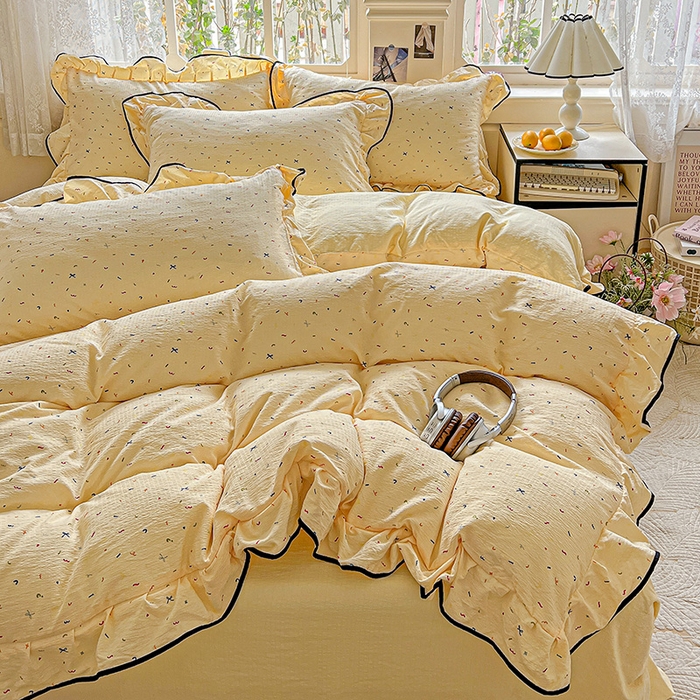 91家纺网 家纺一手货源 找家纺 仟网汇 2025新款云感赫本风皱皱纱夏被四件套 赫本-芝士奶盖