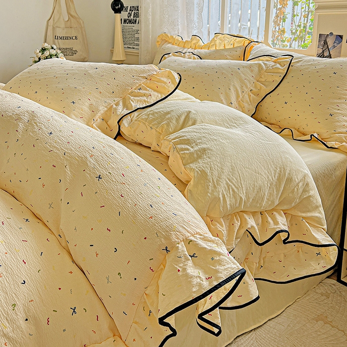 91家纺网 家纺一手货源 找家纺 仟网汇 2025新款云感赫本风皱皱纱夏被四件套 赫本-芝士奶盖