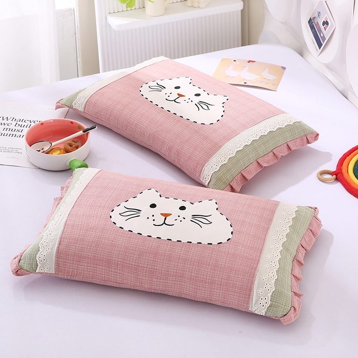 91家纺网 家纺一手货源 找家纺 蔻眠 洛可可猫-全棉卡通刺绣荞麦护颈枕芯儿童学生成人枕头 洛可可猫-粉色