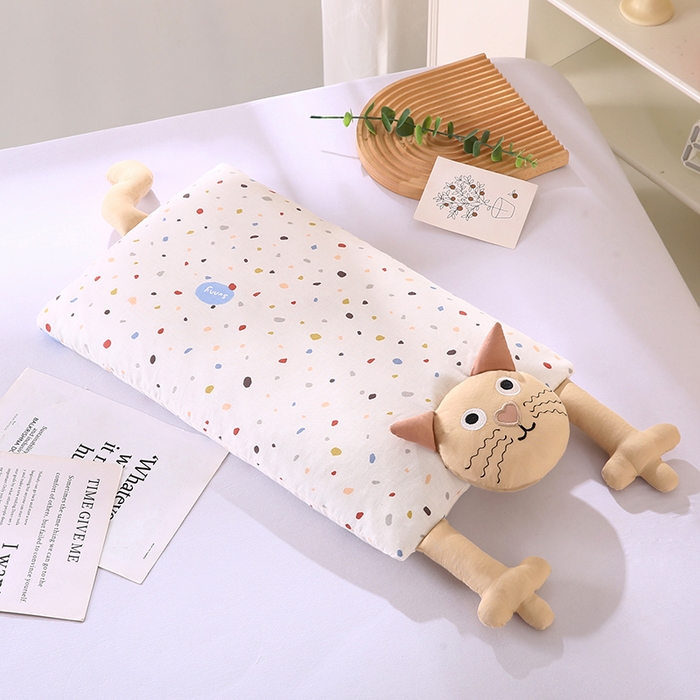 91家纺网 家纺一手货源 找家纺 蔻眠 哇噻猫-全棉双层纱甜荞麦枕芯卡通儿童学生成人护颈枕 哇噻猫-米黄