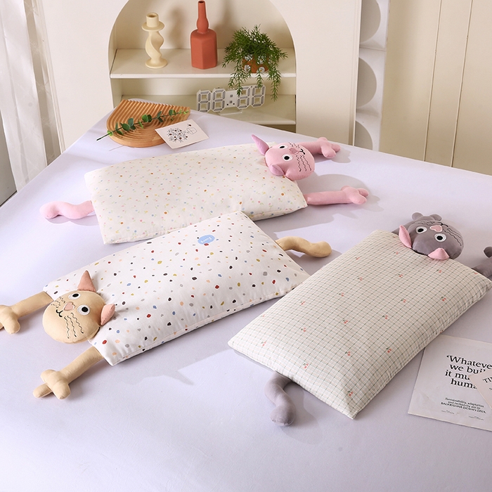 91家纺网 家纺一手货源 找家纺 蔻眠 哇噻猫-全棉双层纱甜荞麦枕芯卡通儿童学生成人护颈枕 主图