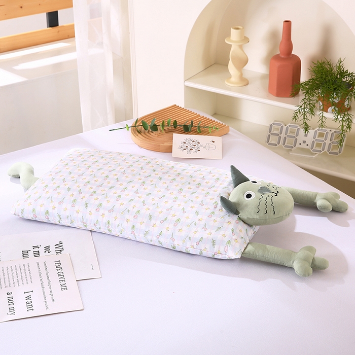 91家纺网 家纺一手货源 找家纺 蔻眠 哇噻猫-全棉双层纱甜荞麦枕芯卡通儿童学生成人护颈枕 哇噻猫-绿色