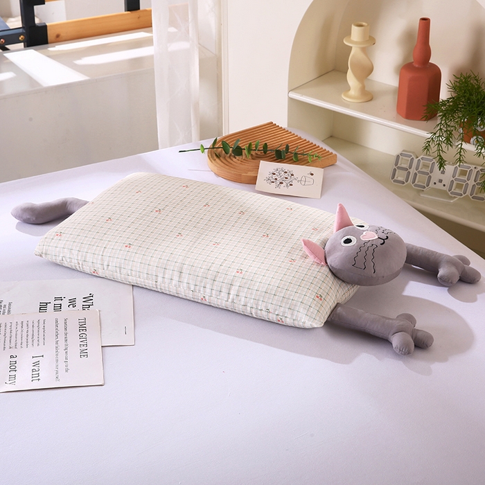 91家纺网 家纺一手货源 找家纺 蔻眠 哇噻猫-全棉双层纱甜荞麦枕芯卡通儿童学生成人护颈枕 哇噻猫-灰色