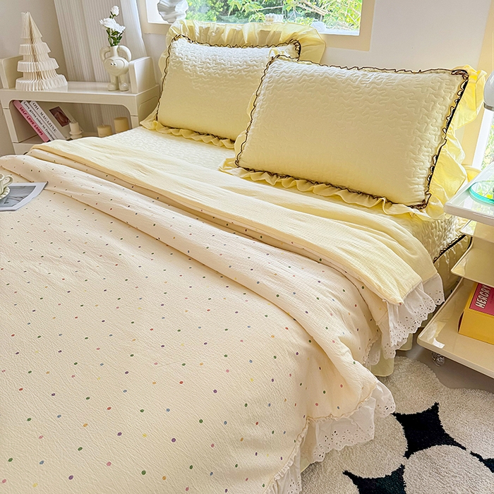 91家纺网 家纺一手货源 找家纺 仟网汇 2025新款床盖四件套夏被四件套（活套被套） 奶油波点