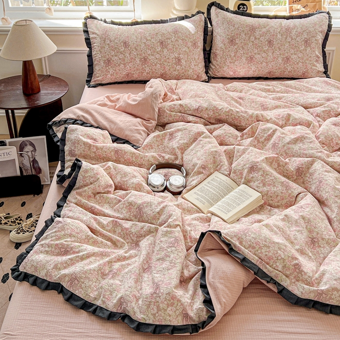 91家纺网 家纺一手货源 找家纺 仟网汇 2025新款赫本风四件套 赫本风-花束粉