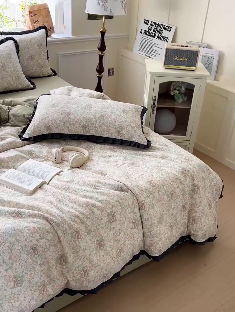 91家纺网 家纺一手货源 找家纺 仟网汇 2025新款赫本风四件套 赫本风-花束绿