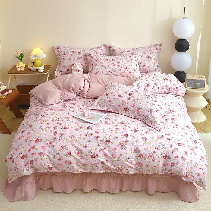 仟网汇 2025新款亲肤皱皱棉四件套皱皱纱四件套 玫瑰花园-红