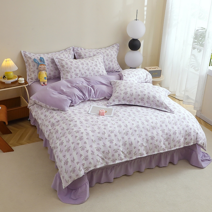 91家纺网 家纺一手货源 找家纺 仟网汇 2025新款亲肤皱皱棉四件套皱皱纱四件套 半暖时光-紫