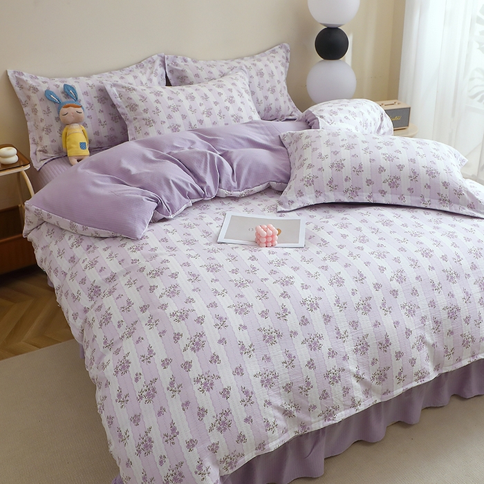 91家纺网 家纺一手货源 找家纺 仟网汇 2025新款亲肤皱皱棉四件套皱皱纱四件套 半暖时光-紫