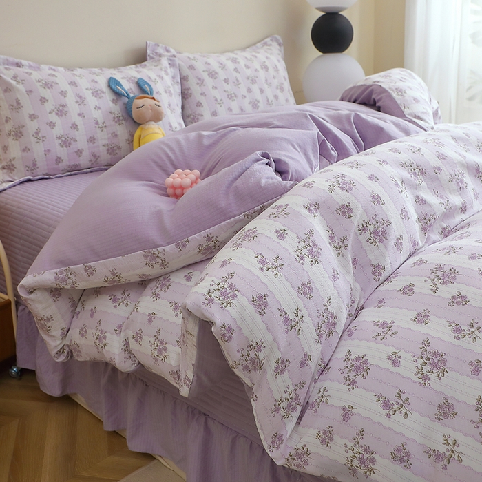 91家纺网 家纺一手货源 找家纺 仟网汇 2025新款亲肤皱皱棉四件套皱皱纱四件套 半暖时光-紫