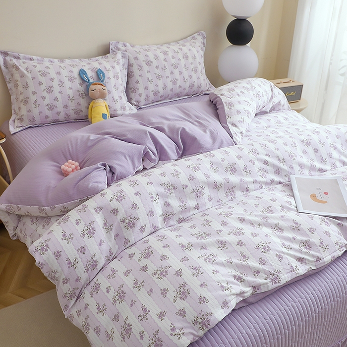 91家纺网 家纺一手货源 找家纺 仟网汇 2025新款亲肤皱皱棉四件套皱皱纱四件套 半暖时光-紫