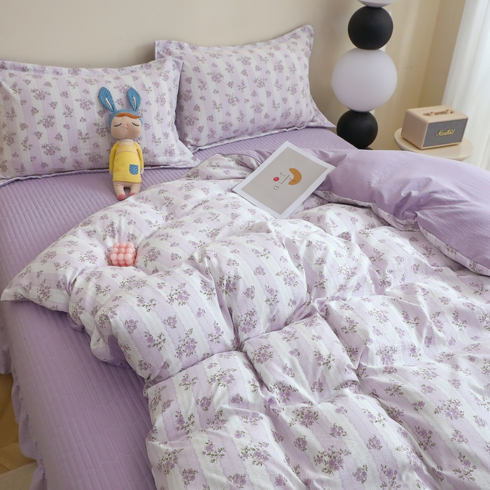 91家纺网 家纺一手货源 找家纺 仟网汇 2025新款亲肤皱皱棉四件套皱皱纱四件套 半暖时光-紫