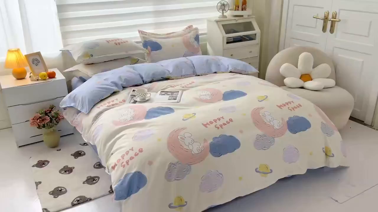 91家纺网 家纺一手货源 找家纺 港岛妹妹 2025年春夏新款芦荟棉印花四件套 星月兔