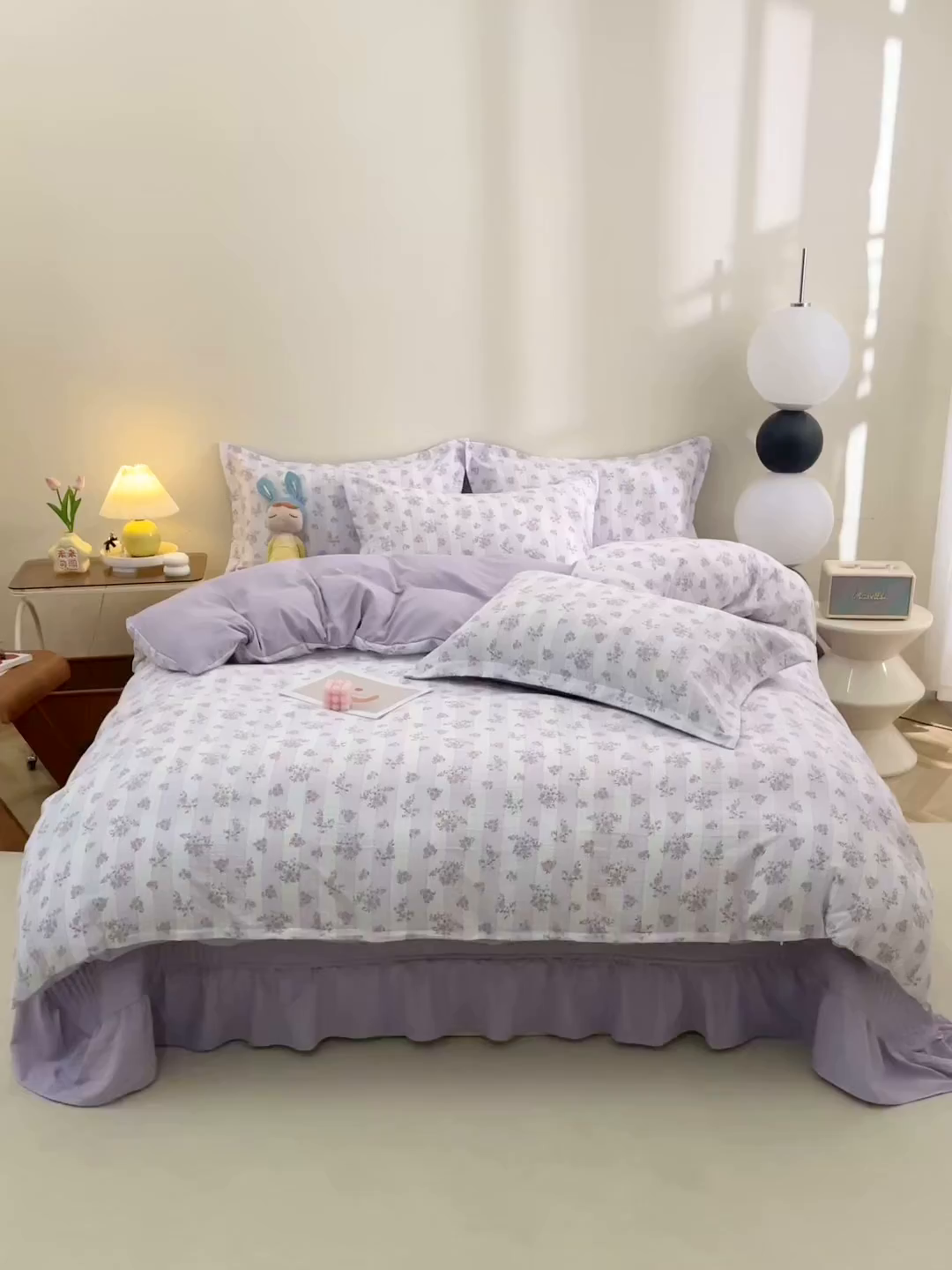 91家纺网 家纺一手货源 找家纺 仟网汇 2025新款亲肤皱皱棉四件套皱皱纱四件套 半暖时光-紫