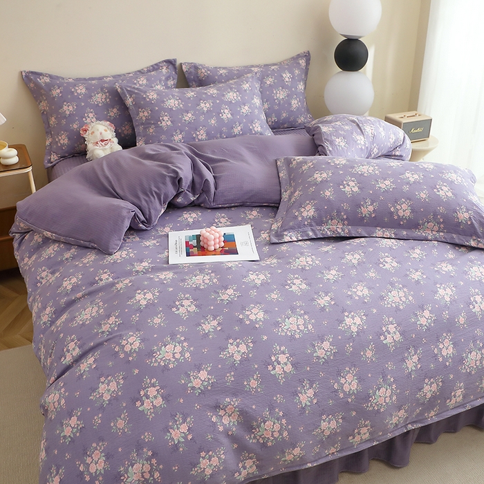 91家纺网 家纺一手货源 找家纺 仟网汇 2025新款亲肤皱皱棉四件套皱皱纱四件套 豆蔻