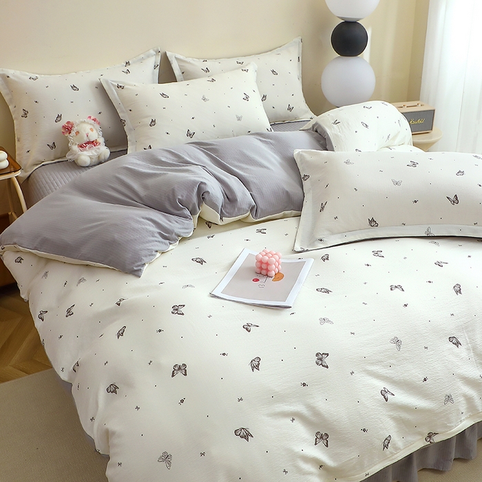 91家纺网 家纺一手货源 找家纺 仟网汇 2025新款亲肤皱皱棉四件套皱皱纱四件套 蝴蝶梦