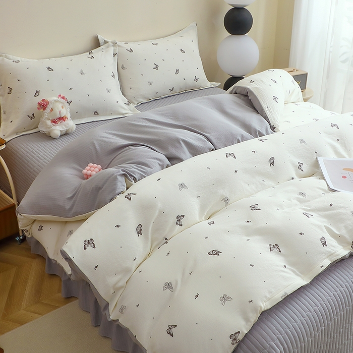 91家纺网 家纺一手货源 找家纺 仟网汇 2025新款亲肤皱皱棉四件套皱皱纱四件套 蝴蝶梦