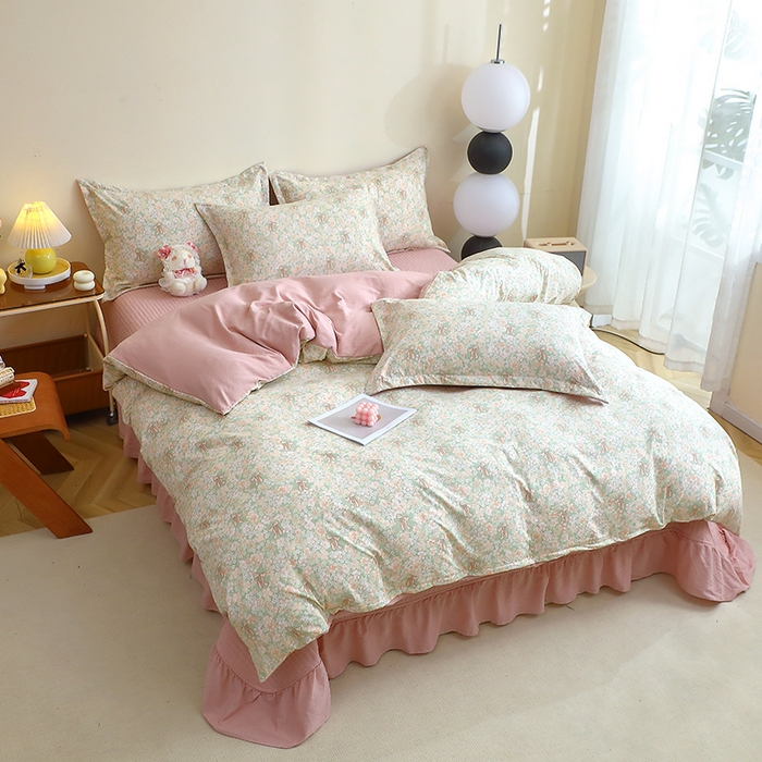 91家纺网 家纺一手货源 找家纺 仟网汇 2025新款亲肤皱皱棉四件套皱皱纱四件套 花束-绿