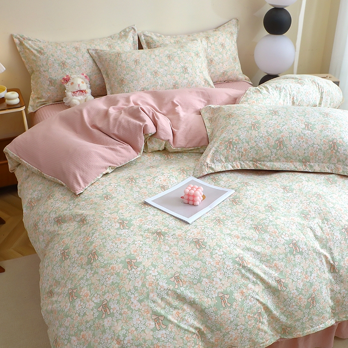 91家纺网 家纺一手货源 找家纺 仟网汇 2025新款亲肤皱皱棉四件套皱皱纱四件套 花束-绿