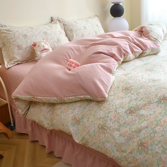 91家纺网 家纺一手货源 找家纺 仟网汇 2025新款亲肤皱皱棉四件套皱皱纱四件套 花束-绿