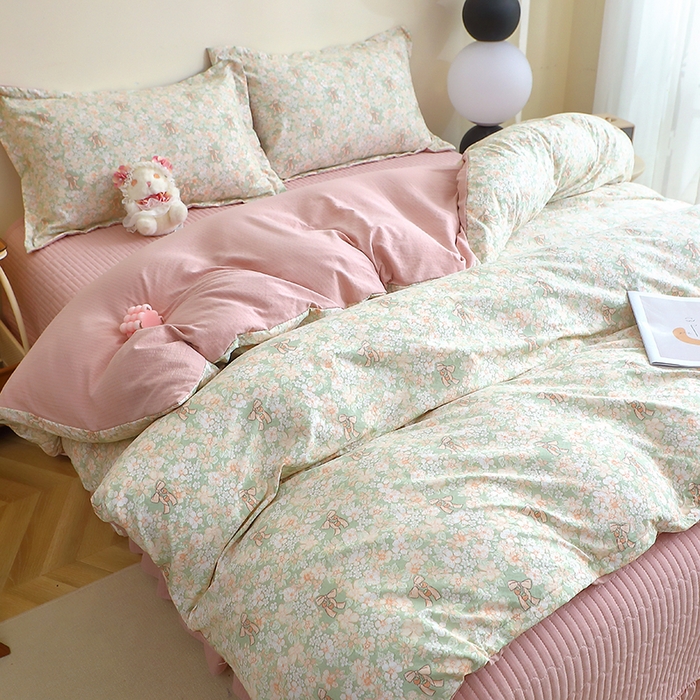 91家纺网 家纺一手货源 找家纺 仟网汇 2025新款亲肤皱皱棉四件套皱皱纱四件套 花束-绿