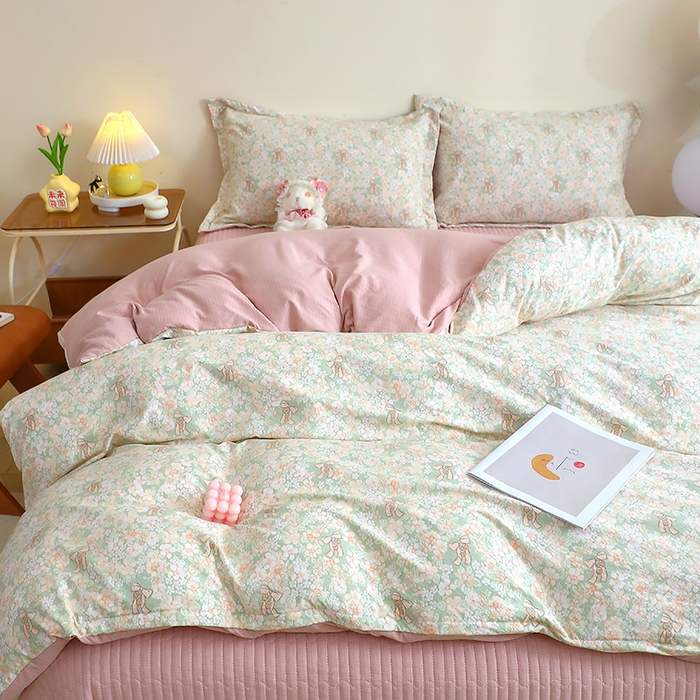 91家纺网 家纺一手货源 找家纺 仟网汇 2025新款亲肤皱皱棉四件套皱皱纱四件套 花束-绿