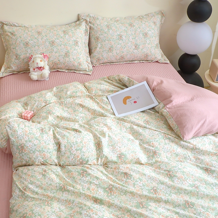 91家纺网 家纺一手货源 找家纺 仟网汇 2025新款亲肤皱皱棉四件套皱皱纱四件套 花束-绿