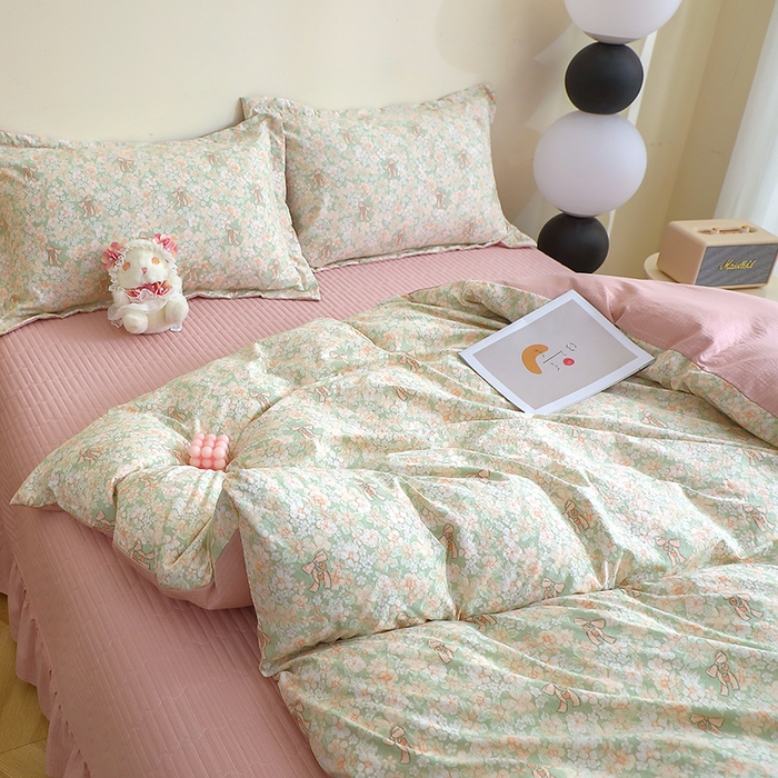 91家纺网 家纺一手货源 找家纺 仟网汇 2025新款亲肤皱皱棉四件套皱皱纱四件套 花束-绿