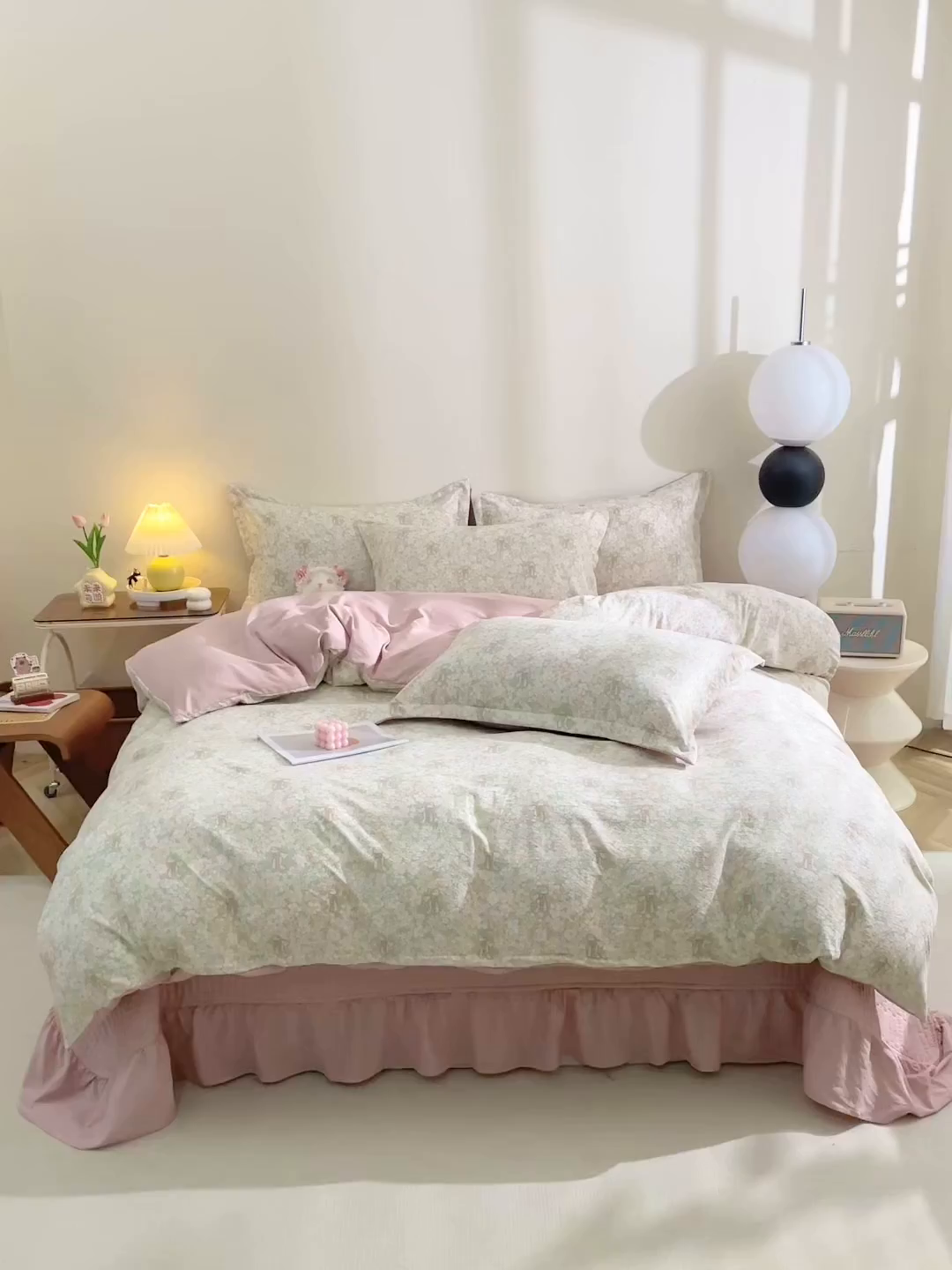 91家纺网 家纺一手货源 找家纺 仟网汇 2025新款亲肤皱皱棉四件套皱皱纱四件套 花束-绿