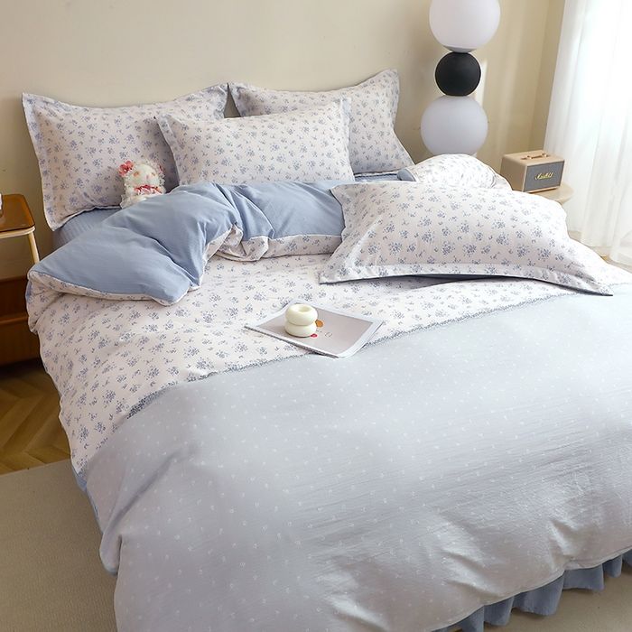 91家纺网 家纺一手货源 找家纺 仟网汇 2025新款亲肤皱皱棉四件套皱皱纱四件套 兰黛