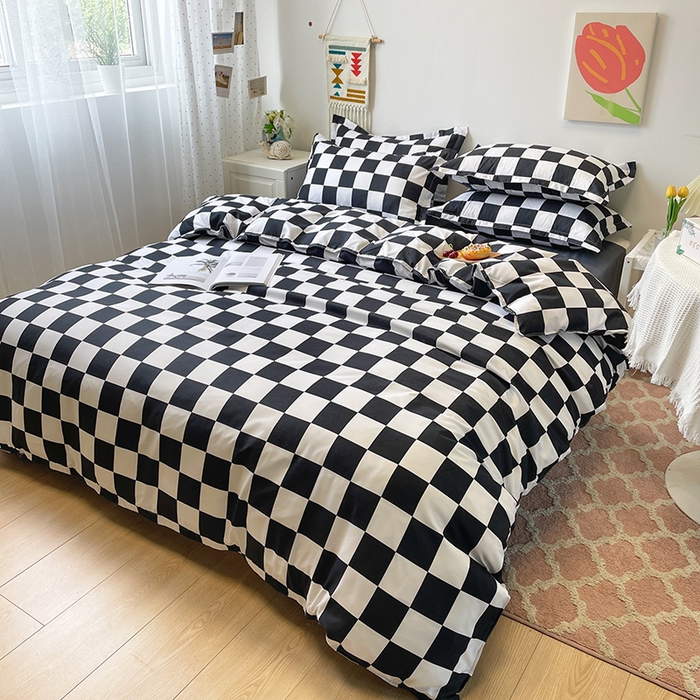 91家纺网 家纺一手货源 找家纺 港岛妹妹 2025年春夏新款芦荟棉印花四件套 棋盘格-黑