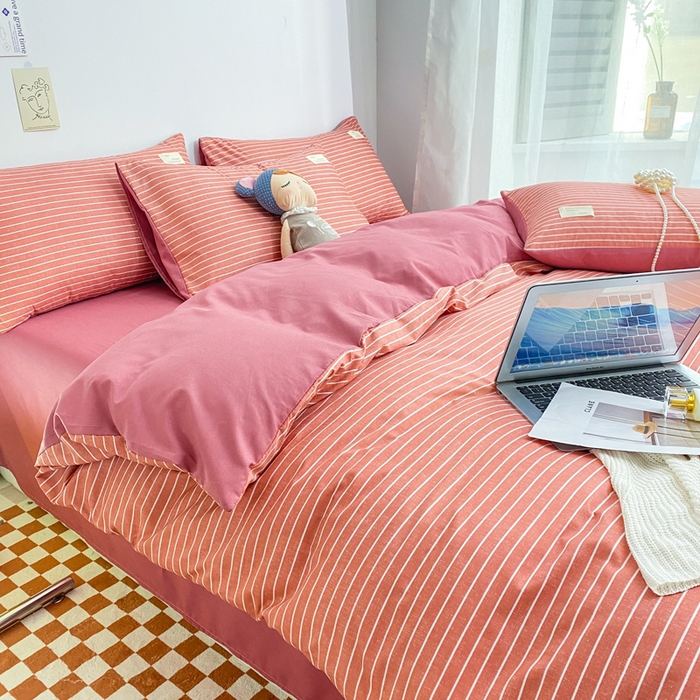 91家纺网 家纺一手货源 找家纺 雅阁尔家纺2025新款无印良品风棋盘格贴标四件套 豆沙条