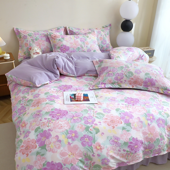 91家纺网 家纺一手货源 找家纺 仟网汇 2025新款亲肤皱皱棉四件套皱皱纱四件套 韵染斑斓