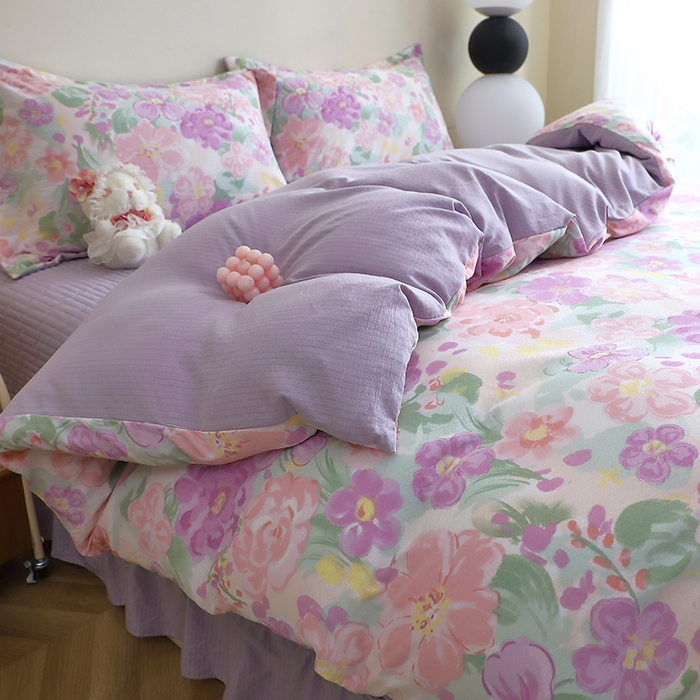 91家纺网 家纺一手货源 找家纺 仟网汇 2025新款亲肤皱皱棉四件套皱皱纱四件套 韵染斑斓