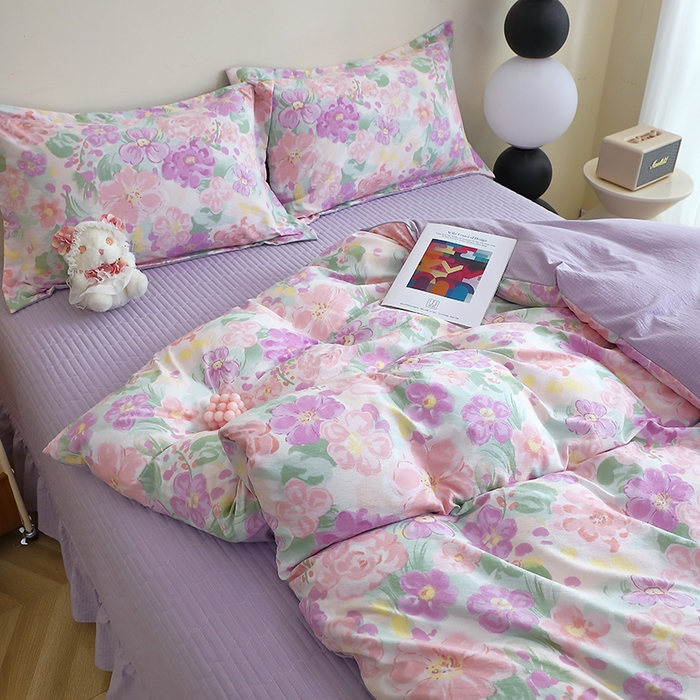 91家纺网 家纺一手货源 找家纺 仟网汇 2025新款亲肤皱皱棉四件套皱皱纱四件套 韵染斑斓