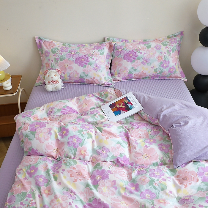 91家纺网 家纺一手货源 找家纺 仟网汇 2025新款亲肤皱皱棉四件套皱皱纱四件套 韵染斑斓