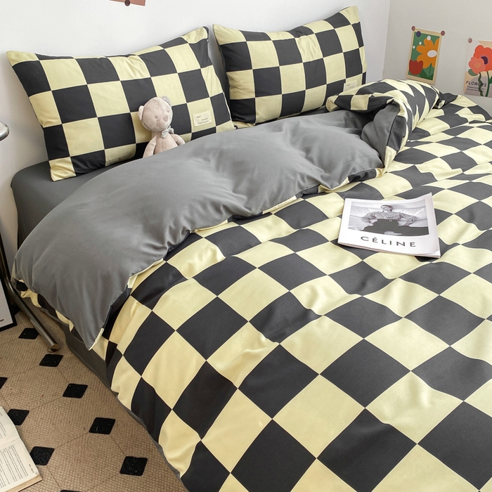 91家纺网 家纺一手货源 找家纺 雅阁尔家纺2025新款无印良品风棋盘格贴标四件套 米卡格