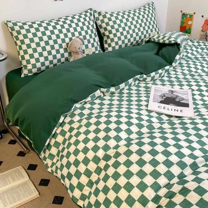 91家纺网 家纺一手货源 找家纺 雅阁尔家纺2025新款无印良品风棋盘格贴标四件套 棋盘格-绿