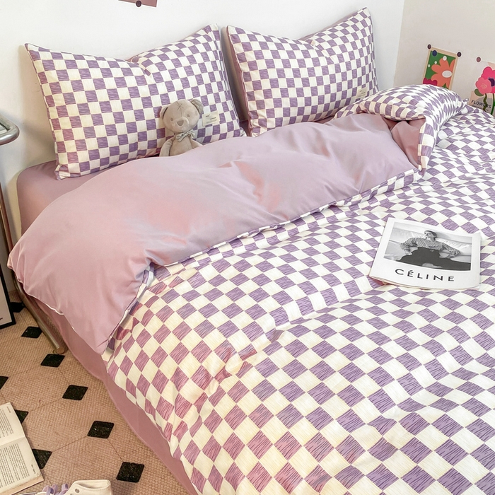 91家纺网 家纺一手货源 找家纺 雅阁尔家纺2025新款无印良品风棋盘格贴标四件套 棋盘格-紫