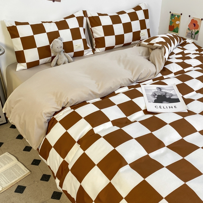 91家纺网 家纺一手货源 找家纺 雅阁尔家纺2025新款无印良品风棋盘格贴标四件套 棋盘格-棕