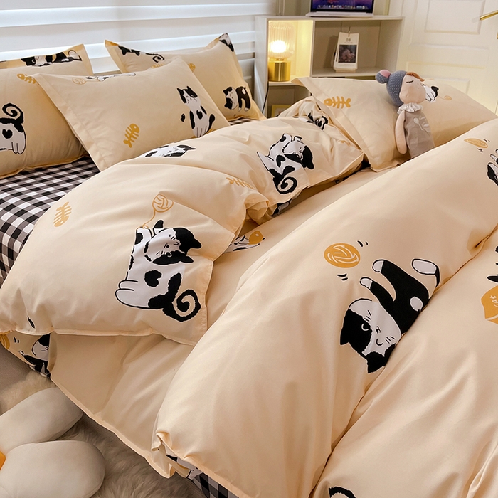 91家纺网 家纺一手货源 找家纺 港岛妹妹 2025年春夏新款芦荟棉印花四件套 奶牛猫