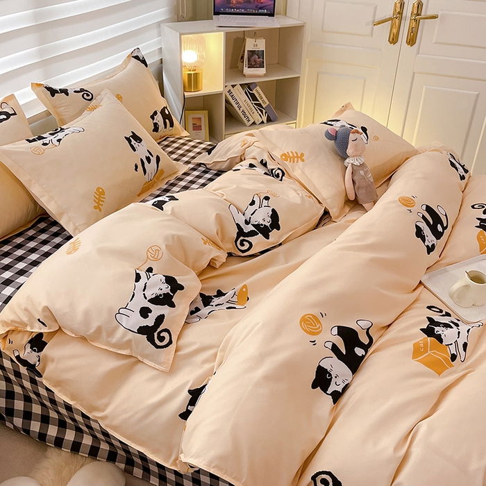 91家纺网 家纺一手货源 找家纺 港岛妹妹 2025年春夏新款芦荟棉印花四件套 奶牛猫